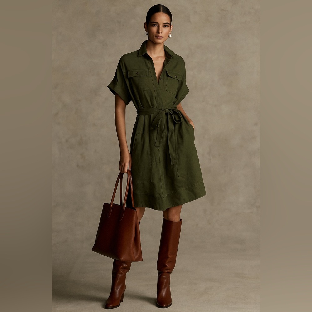 Lord & Taylor Dark Green Linen Mini Shirt Dress Pockets size L